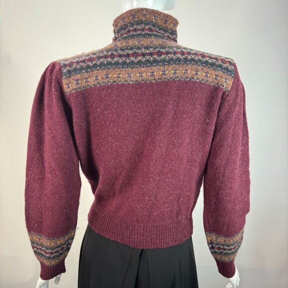 Ralph Lauren 80 Womens Fair Isle Wool Sweater L Maroon & Multi High Neck Button - Picture 4 of 16